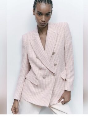 ZARA Pink & Silver Textured Tweed Blazer Double Breasted Silver Buttons M NWT